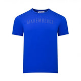 Blue short-sleeved crew neck t-shirt with a tonal 'BIKKEMBERGS' logo across the chest.