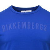 Royal blue crew neck t-shirt with 'BIKKEMBERGS' embossed in matching blue across the chest.