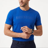 Royal blue crew neck T-shirt with short sleeves and an embossed "BIKKEMBERGS" logo across the chest.