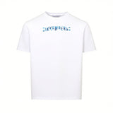 White short-sleeved crew neck t-shirt with a blue and white gradient 'BIKKEMBERGS' logo on the chest.