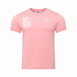 Candy pink short-sleeved crew neck t-shirt with white stacked 'BIKKEMBERGS' text on the left chest and smaller white text on
