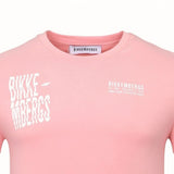 Candy pink crew neck t-shirt. Bikkembergs label. Front has a large wavy white Bikkembergs logo left, smaller white text right