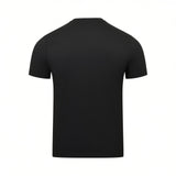 Back view of a plain black short-sleeved t-shirt with a crew neck and straight hem.