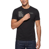 Black crew neck t-shirt. Left chest has stacked, distressed grey 'BIKKE-MBERGS' text. Right chest has smaller grey 'BIKKEMBER
