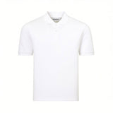 White short-sleeve polo shirt with a ribbed collar, two-button placket, ribbed cuffs, and a small Bikkembergs label.