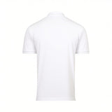 Back view of a white short-sleeved polo shirt with a ribbed collar and ribbed cuffs.