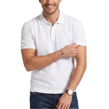 White short sleeve polo shirt with a classic collar and two-button placket.