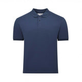 Navy blue short-sleeved polo shirt with a classic collar, three dark buttons on the placket, and ribbed cuffs.