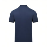 Navy blue short-sleeve polo shirt, back view. Features a ribbed collar and ribbed cuffs on the short sleeves.