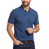 Blue short-sleeved knit polo shirt with a collar and a two-button placket.