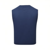 Dark blue sleeveless tank top made of smooth knit fabric, featuring a high, rounded back neckline with visible stitching and