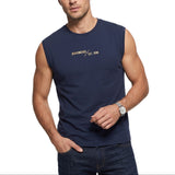 Dark blue men's sleeveless tank top with a ribbed crew neck and a gold-toned "BIKKEMBERGS / EST. 1998" graphic print on the c