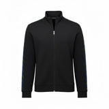 Black full-zip sweater with stand-up collar, silver-toned zipper, and green/blue patterned stripes on sleeves.