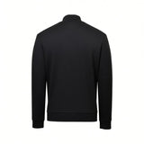 Black long-sleeved sweater with a stand-up collar, ribbed cuffs, and a ribbed hem, viewed from the back.