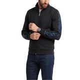 Black men's full-zip sweater with a stand collar and blue and green patterned stripes on the sleeves.