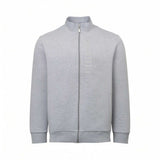 Light grey melange full-zip sweater with a stand-up collar, ribbed cuffs and hem, two front pockets, and a subtle vertical BI