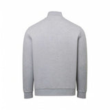 Back view of a light grey melange sweater with a mock neck, long sleeves, ribbed cuffs, and a ribbed hem.