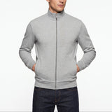 Light grey melange men's full-zip knit sweater with a stand-up collar, ribbed trims, and embossed Bikkembergs logo.
