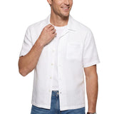 White Bikkembergs men's short-sleeved shirt with a camp collar, full-button front, and embroidered chest pocket.