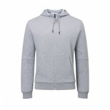 Light grey melange full-zip hoodie with drawstrings, split kangaroo pocket, ribbed cuffs/hem, and curved arm seams.