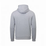 Light grey hoodie with a subtle textured pattern, ribbed cuffs and hem, and curved seam details on the upper back sleeves.