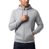 Men's grey melange full-zip hoodie with an attached hood, ribbed cuffs and hem, and front kangaroo pockets.