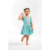 Ein Ghein Kids Girl's Turquoise Dress with Silver Embroidery & Black Print