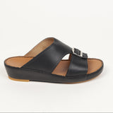 Black leather slide sandal with two straps, a silver-toned buckle on the top strap, a brown insole, and a black sole with a l