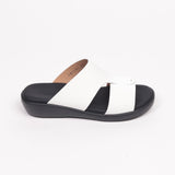 White gommato slip-on sandal with two wide straps, one crossing over the other, on a black footbed and sole.