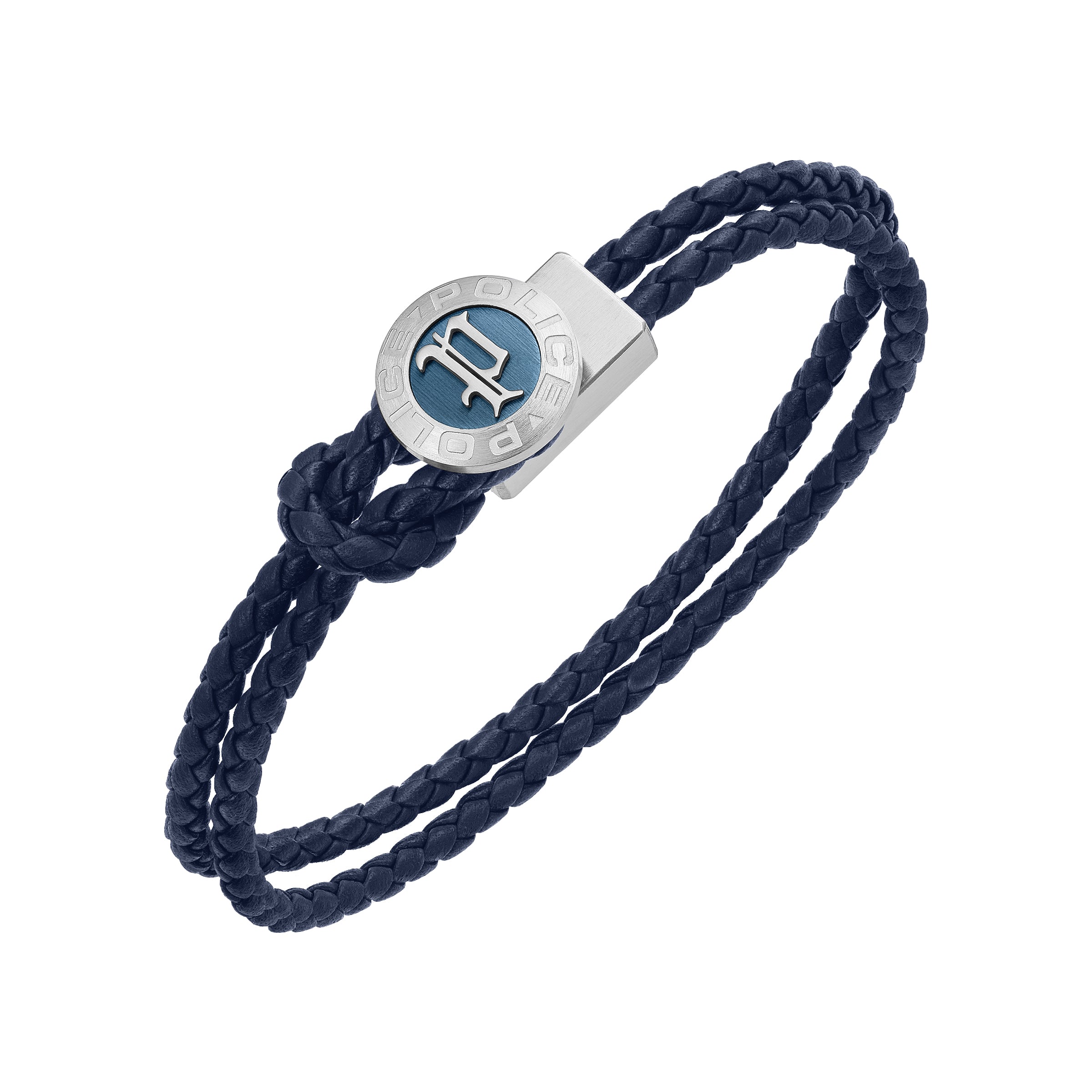 Dark blue braided leather loop bracelet with a silver-toned rectangular piece and a circular blue enamel disc featuring a sil