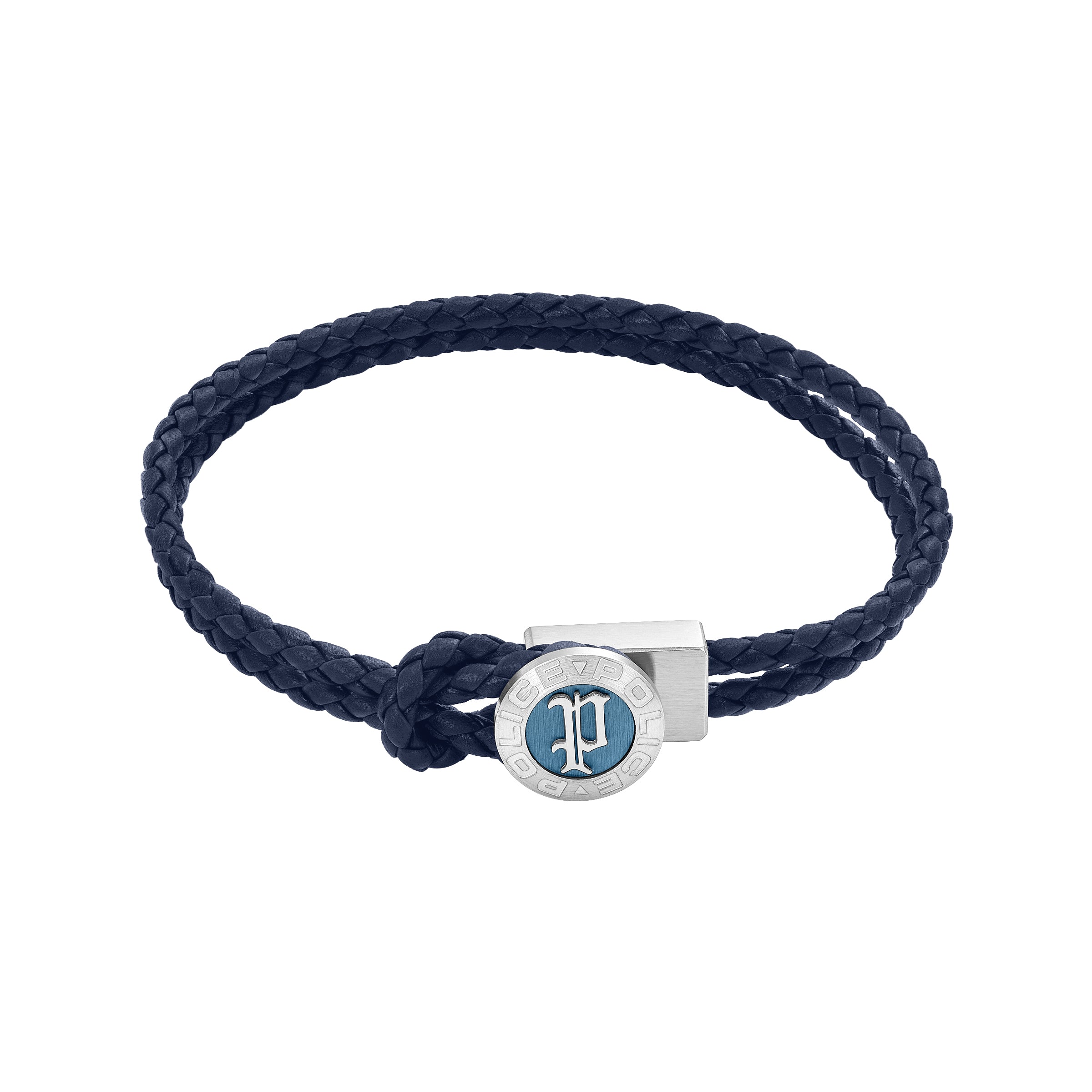 Men's dark blue double-strand braided leather bracelet with a silver-toned rectangular clasp and a light blue Police 'P' embl