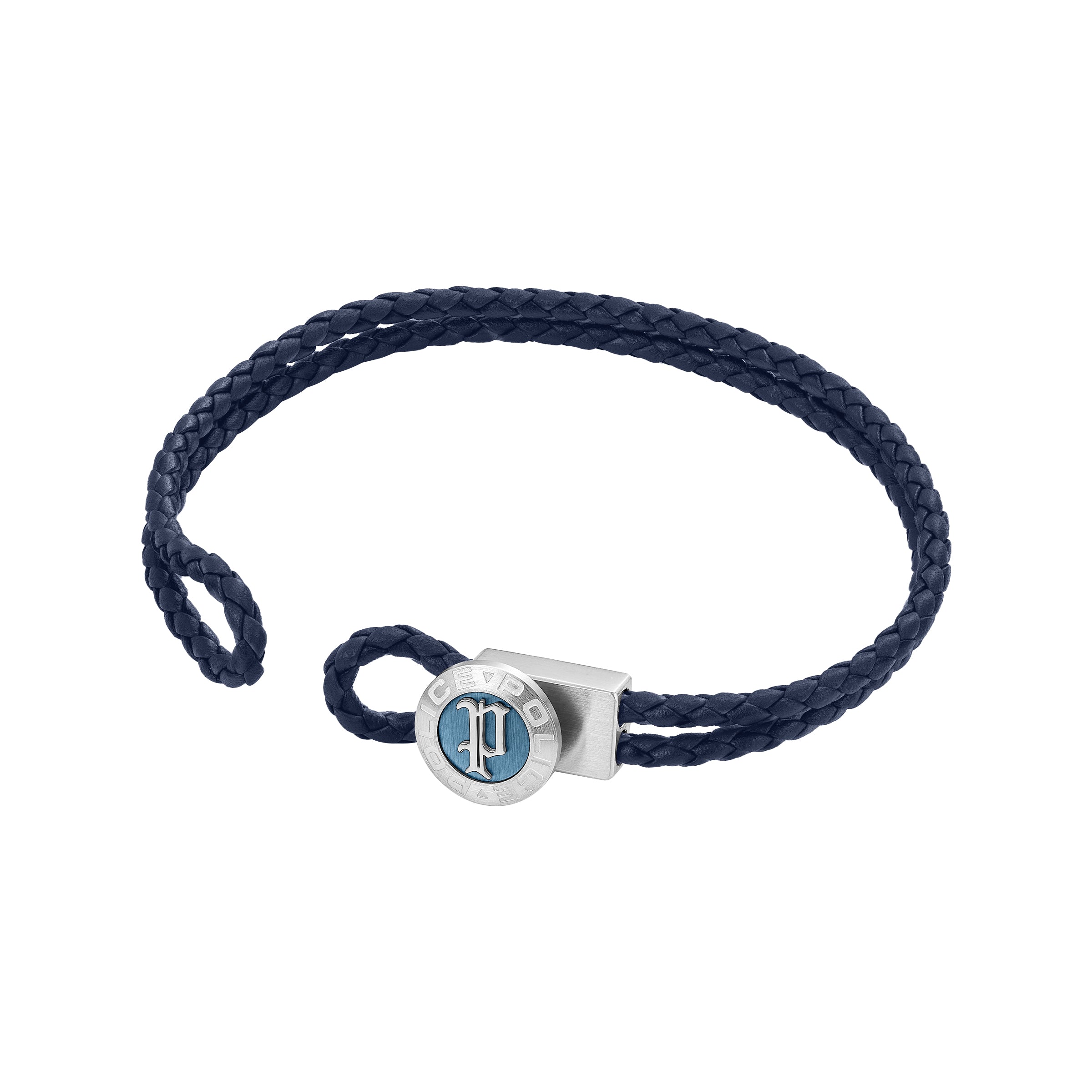 Dark blue braided leather loop bracelet with a silver-toned rectangular clasp featuring a light blue enamel circle with a got