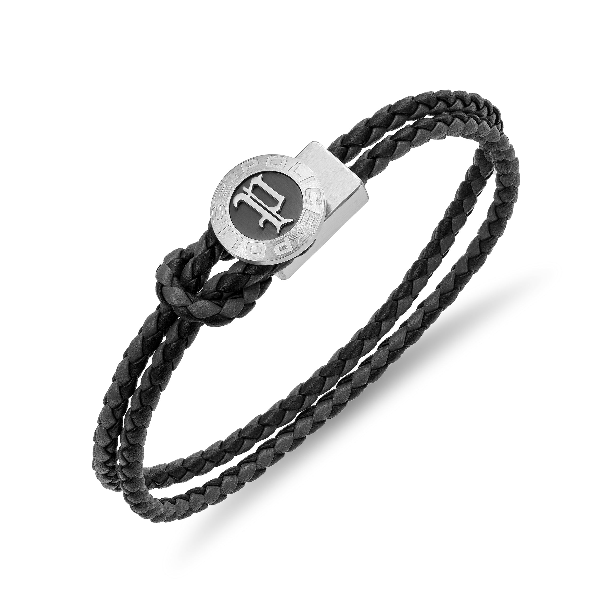 Black braided leather loop bracelet with a silver-toned rectangular clasp featuring a dark grey circular insert with a silver