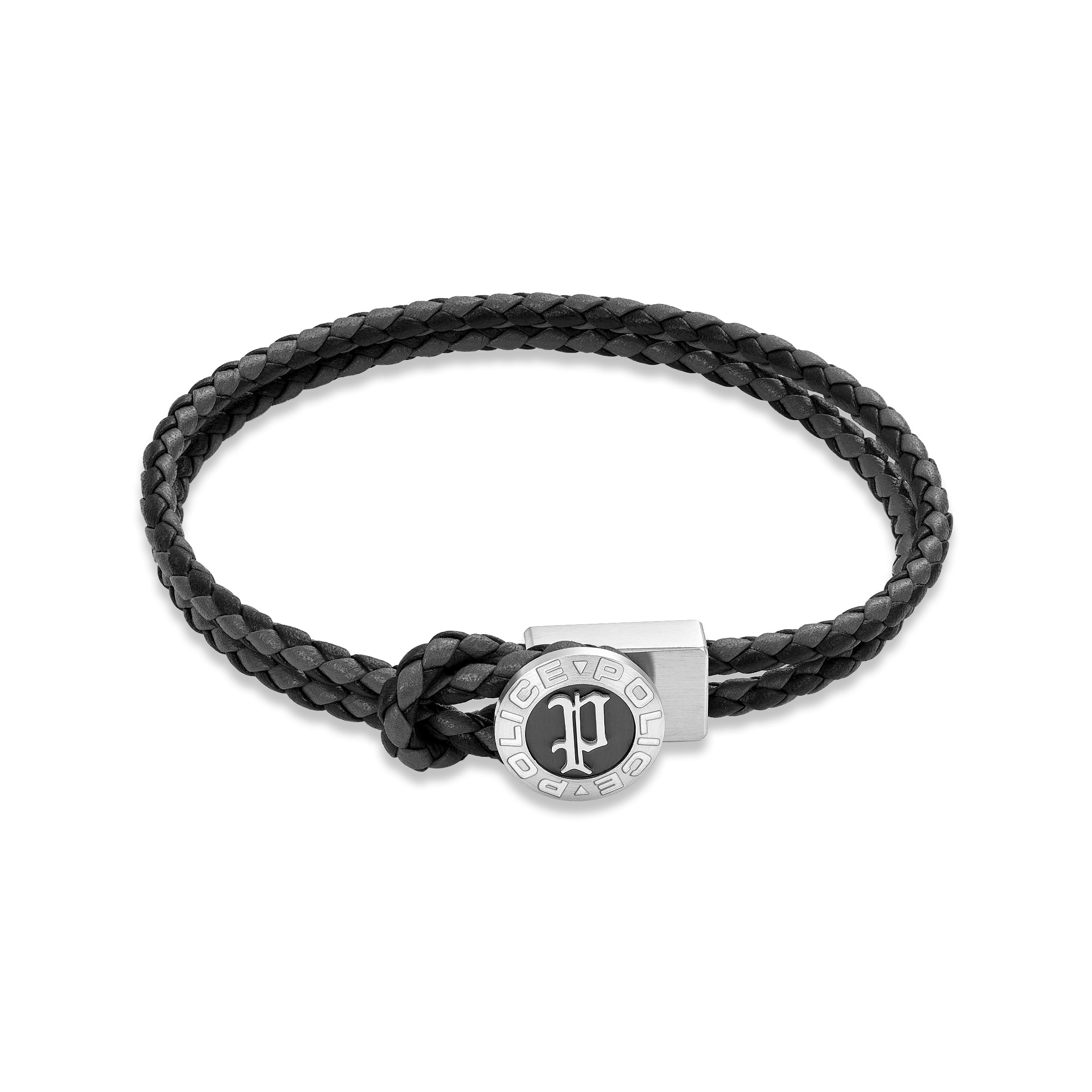 Black braided leather loop bracelet with a silver-toned rectangular bar and a circular clasp featuring a black gothic 'P' log