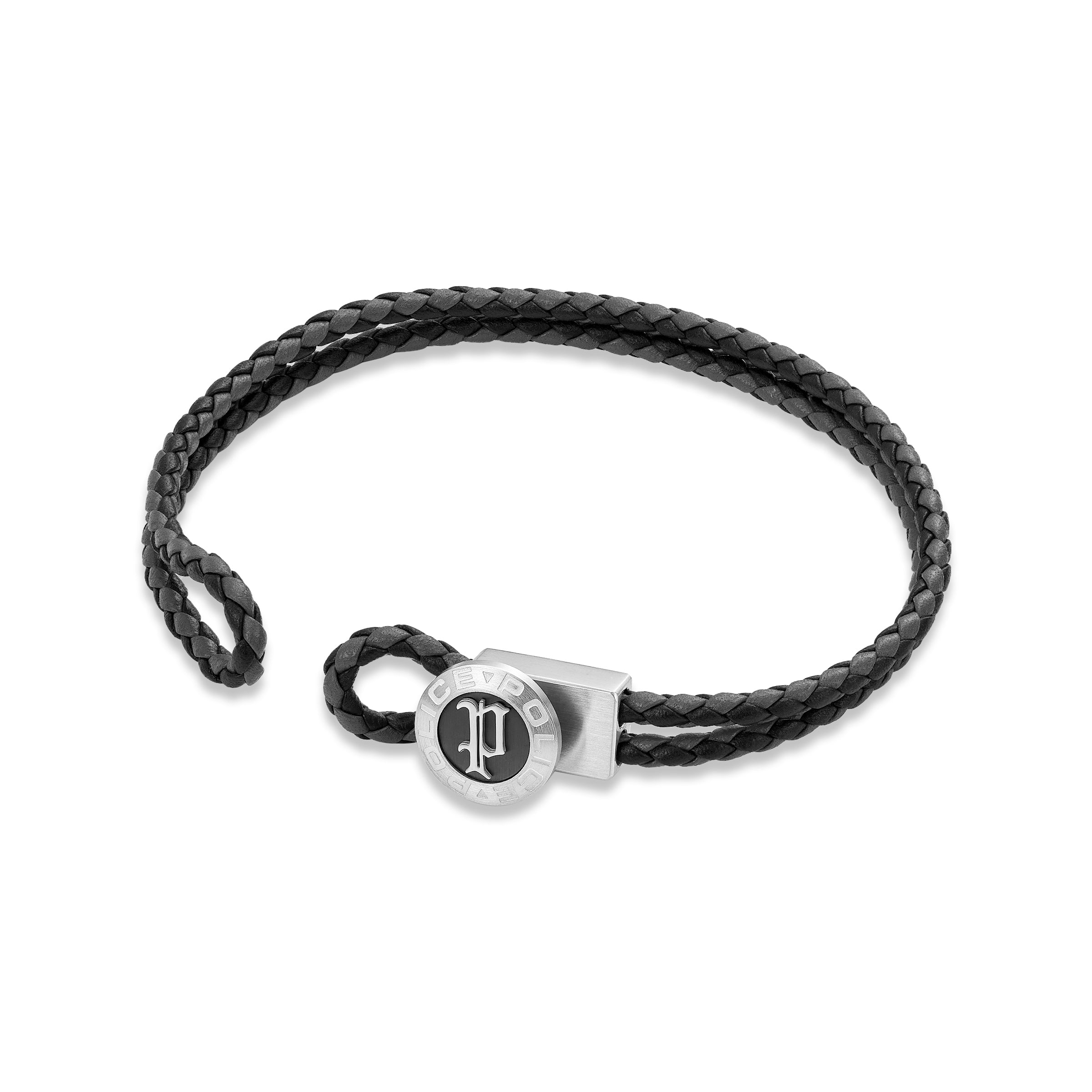 Black braided leather loop bracelet with a silver-toned rectangular clasp featuring a black disc with a silver-toned gothic '