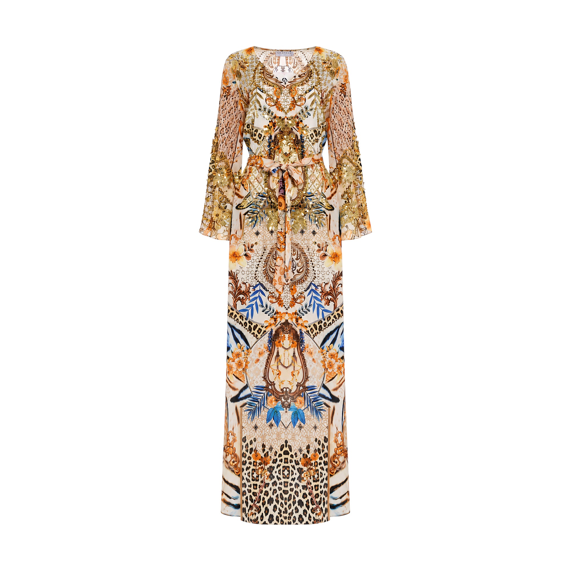 Multicoloured floral and animal print kaftan with a V-neckline, long bell sleeves, and a self-tie waist belt.