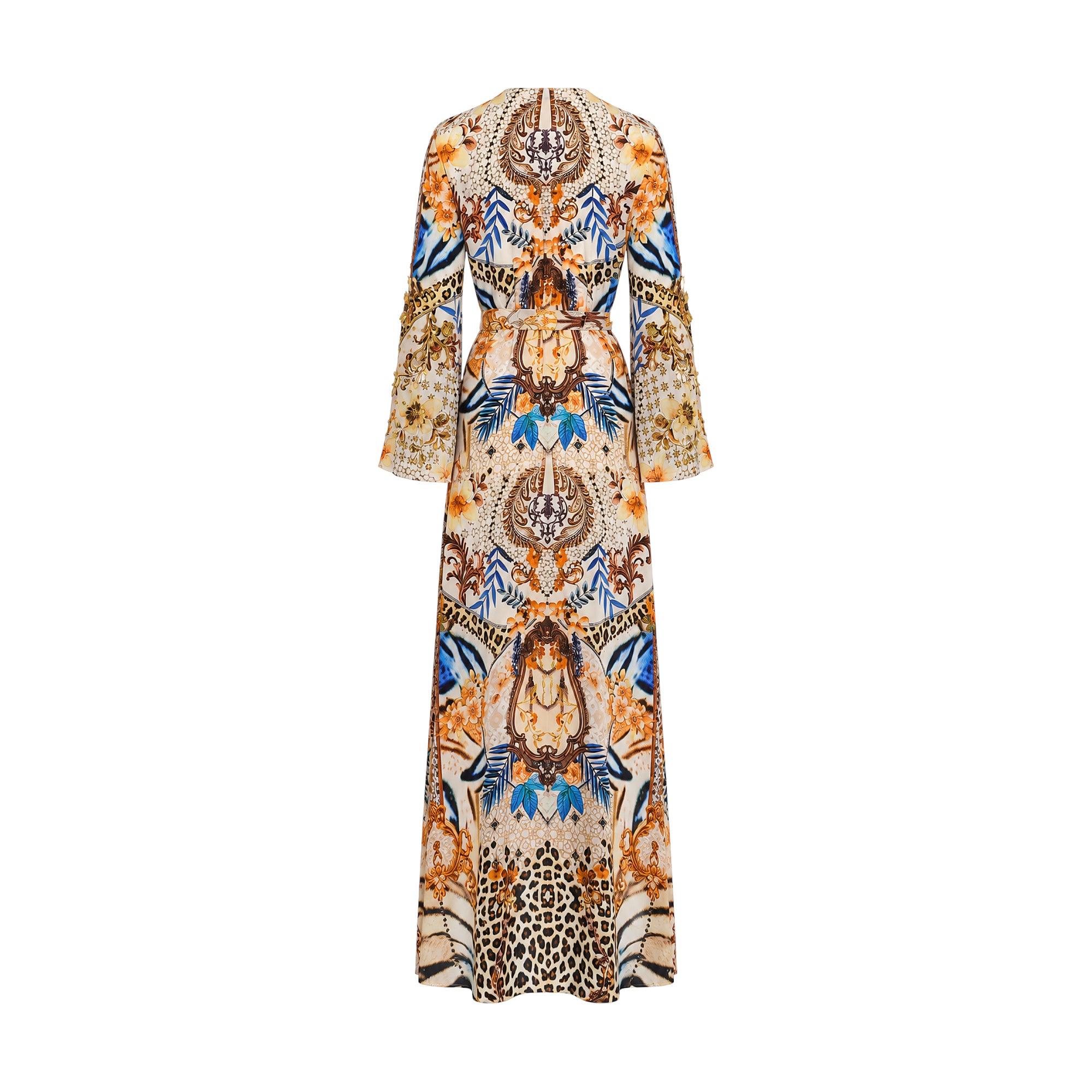 Multicolor kaftan with ornate floral, animal print, and gold-toned baroque motifs. Features long bell sleeves and a tie-waist