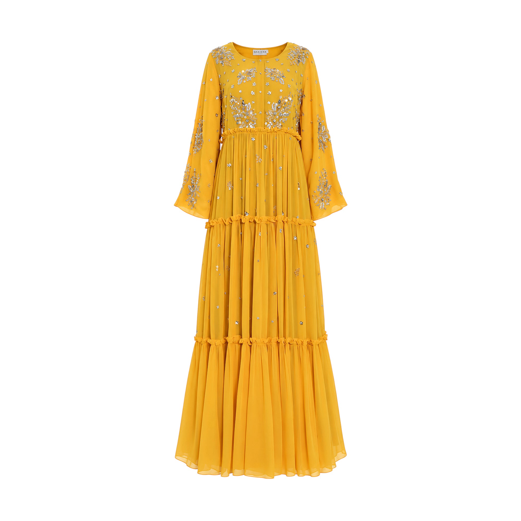 Mustard yellow floral tiered kaftan with long sleeves, round neck, and silver-toned sequin and bead embroidery.