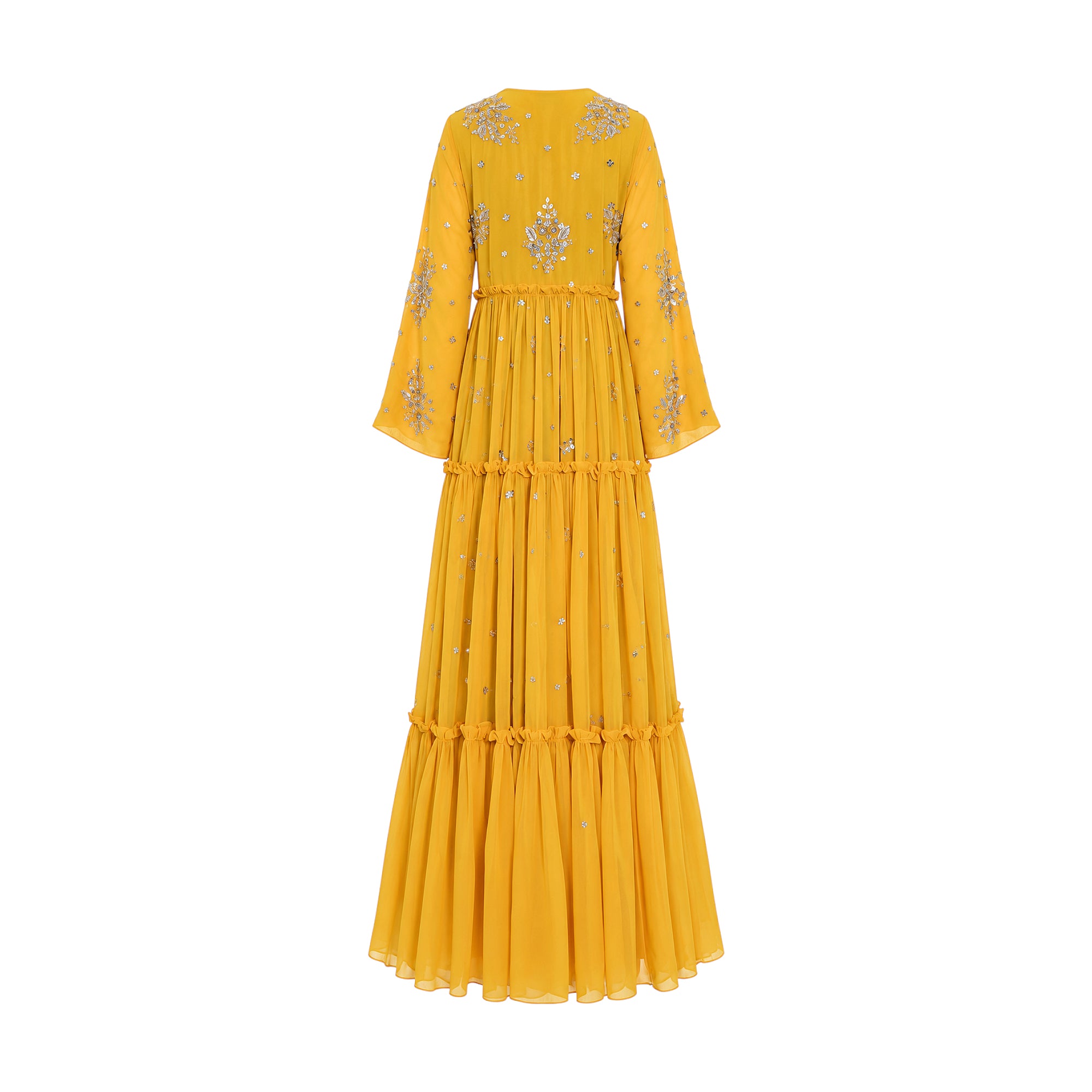 Mustard yellow tiered kaftan with gold-toned floral embroidery on the upper back and flared sleeves, scattered sequins on tie