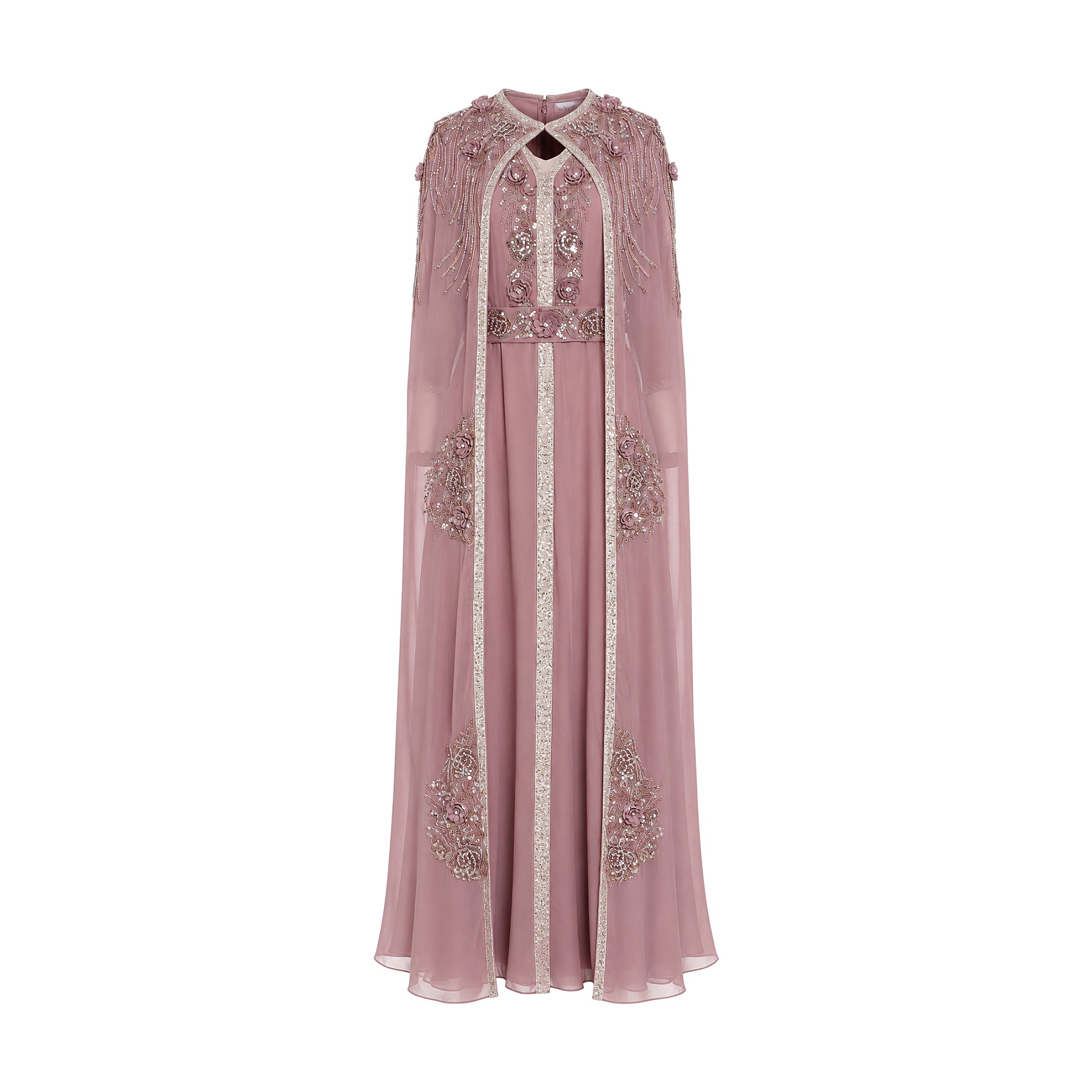 Onion pink kaftan with extensive beading, sequins, and floral appliqués on the neckline, shoulders, and front panels, with a