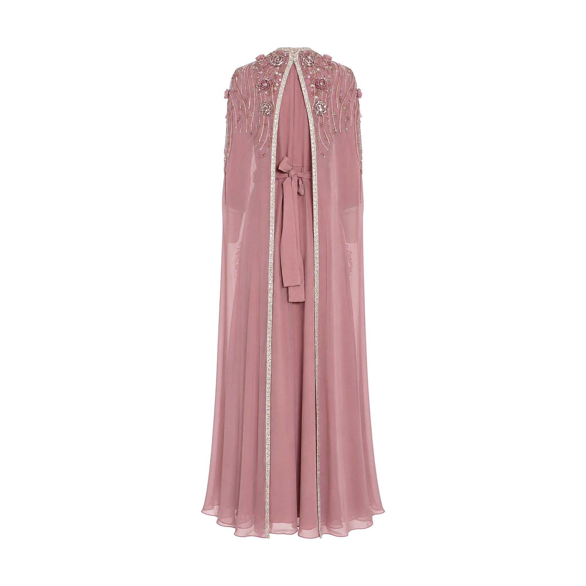 Back view of an onion pink flowing kaftan with a tie-waist. It features intricate floral and beaded shoulder embellishments a