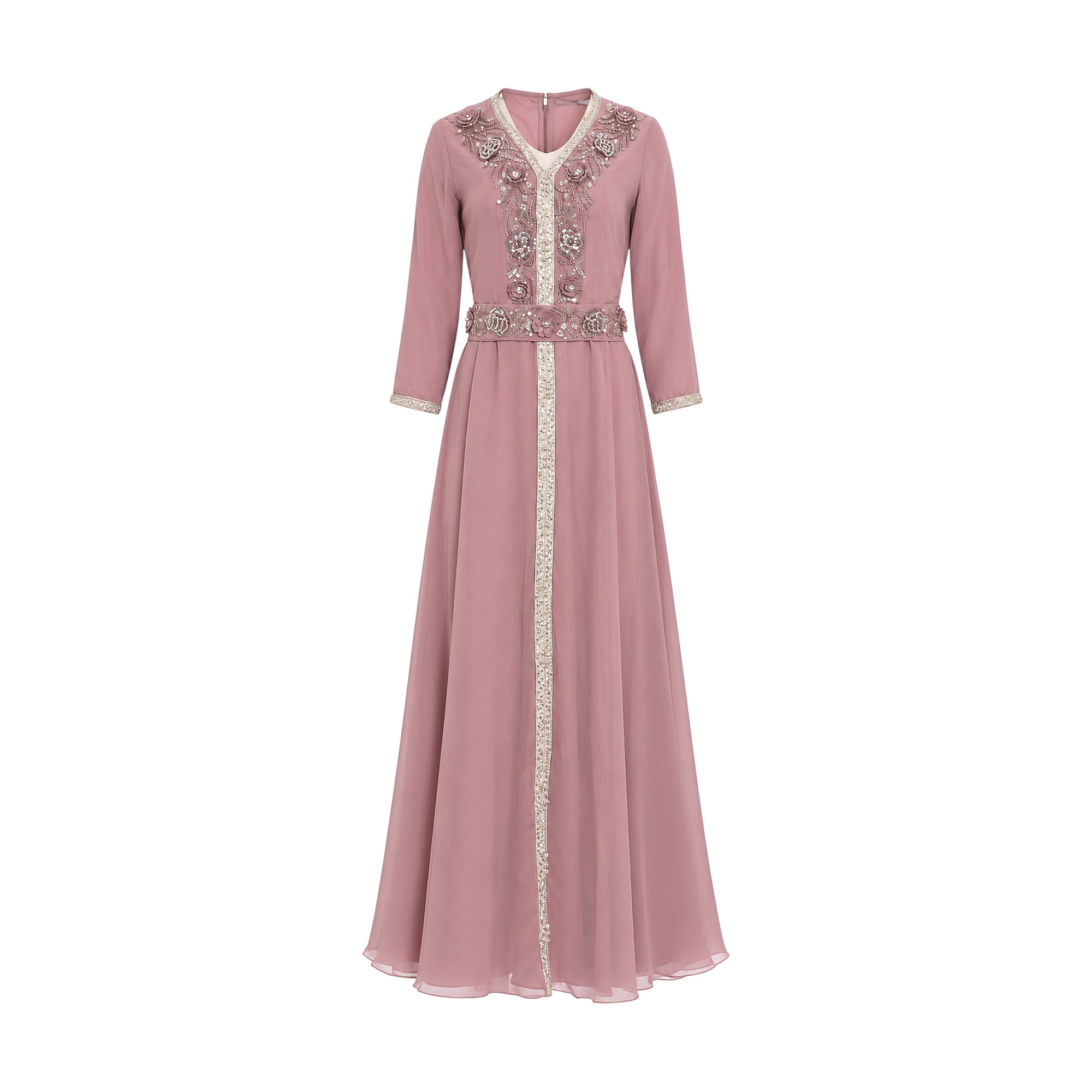 Onion pink kaftan with V-neck, long sleeves, a belt, and floral beaded embroidery on neckline, bodice, belt, and front strip.