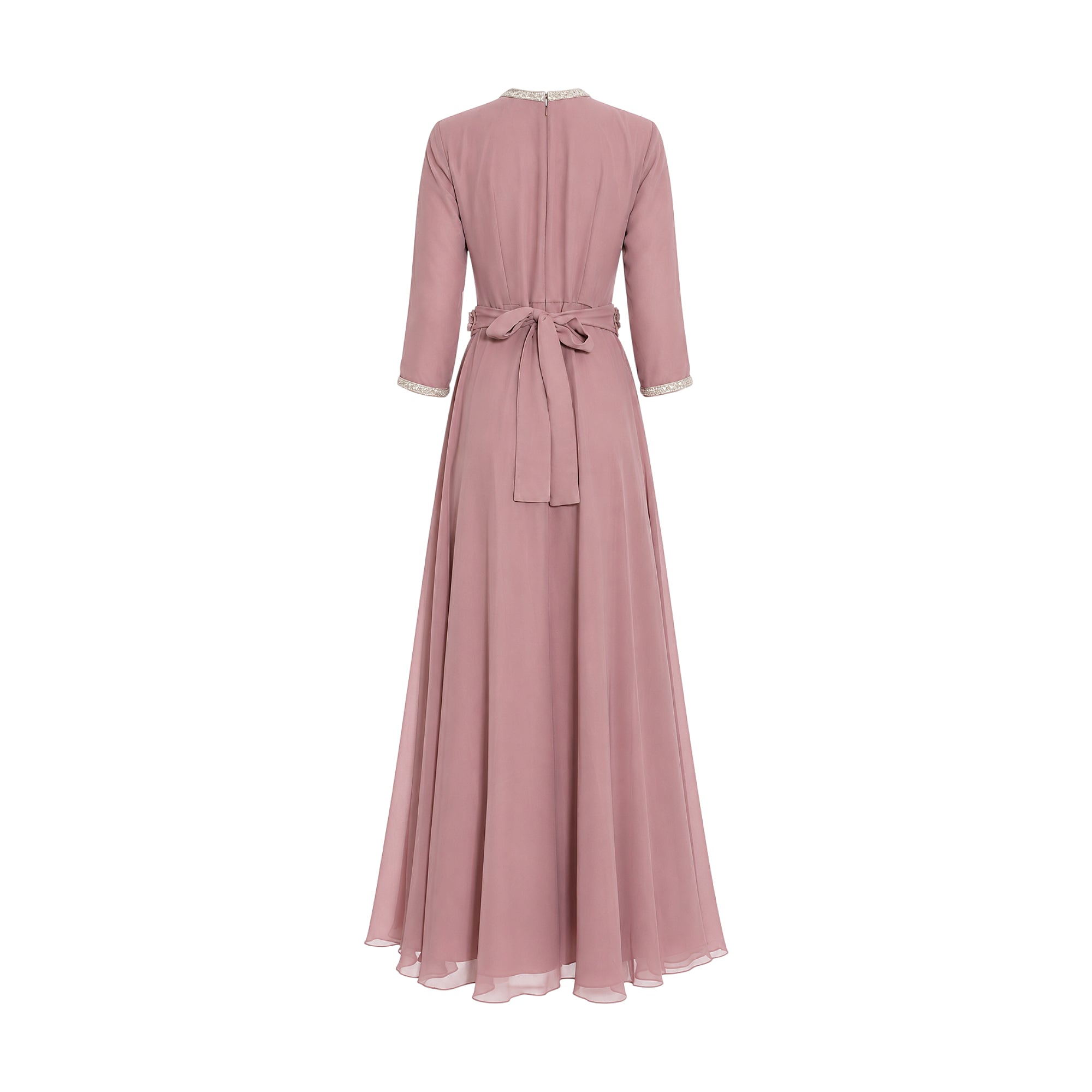Onion pink kaftan, back view. Features a gold-toned trimmed round neck and cuffs, a self-fabric tie-belt, and a flowing floor