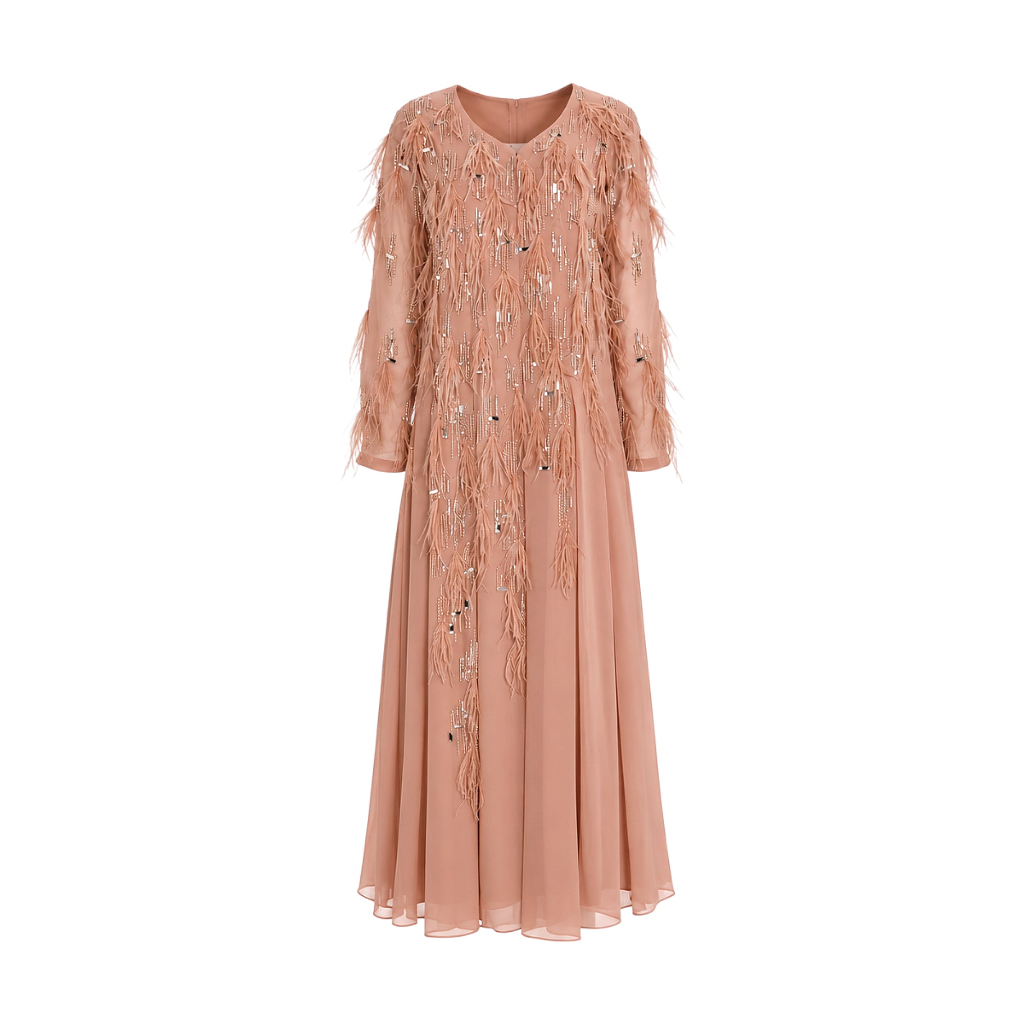 Blush pink long kaftan with V-neck, long sleeves, and extensive feather and silver sequin embellishments on the bodice and sl