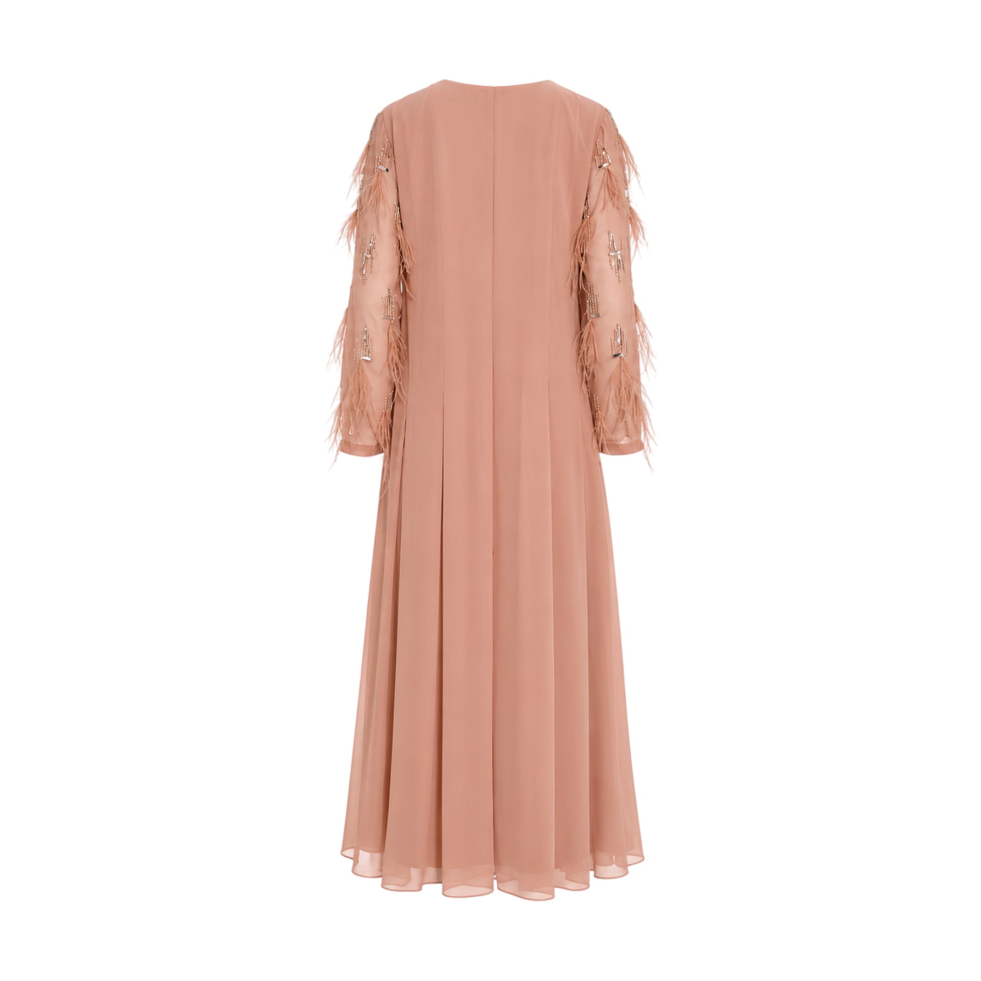 Blush kaftan with a flowing pleated skirt and sheer long sleeves adorned with blush feathers and silver-toned beads.