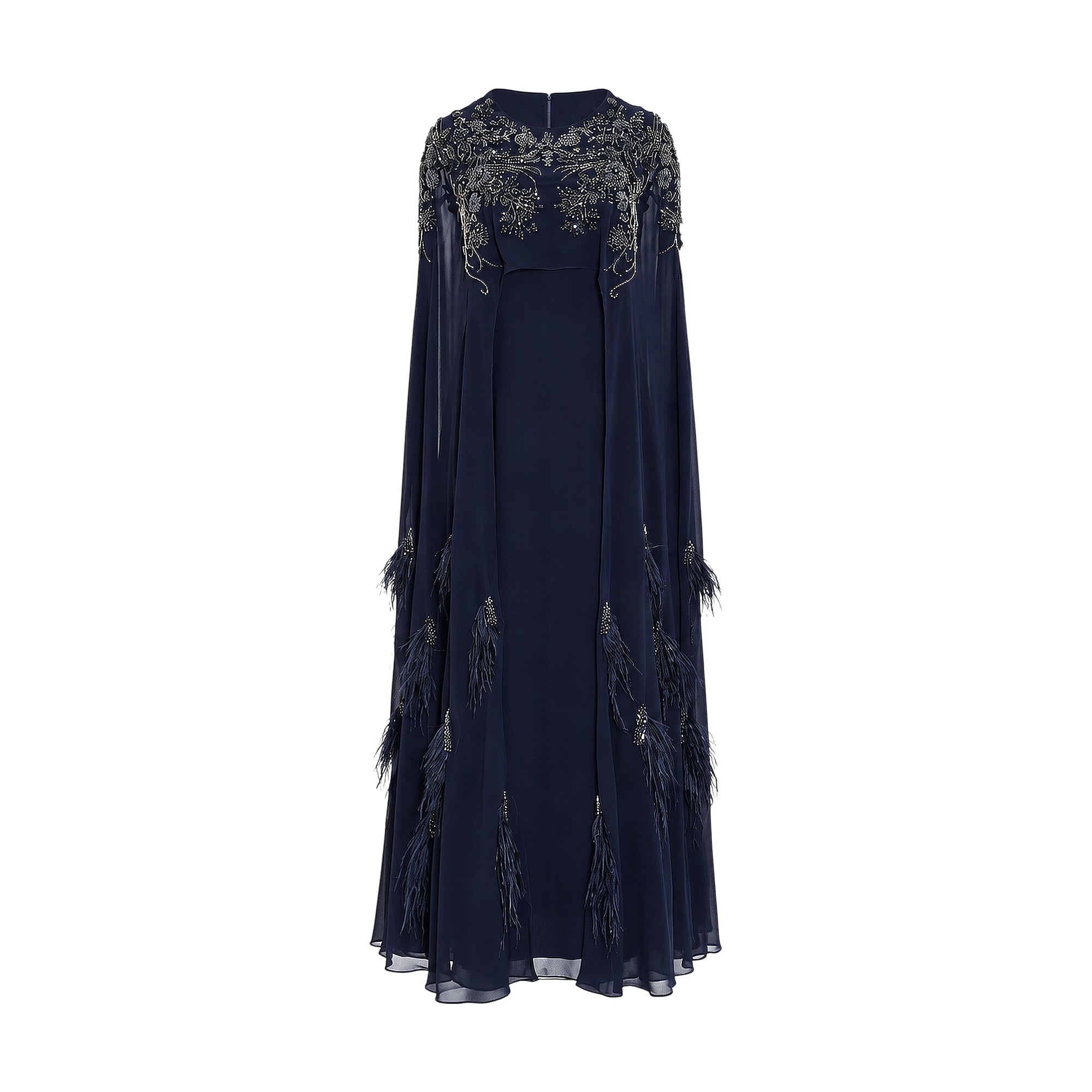 Emerald green full-length kaftan with an integrated cape, featuring intricate silver-toned beadwork and feather embellishment