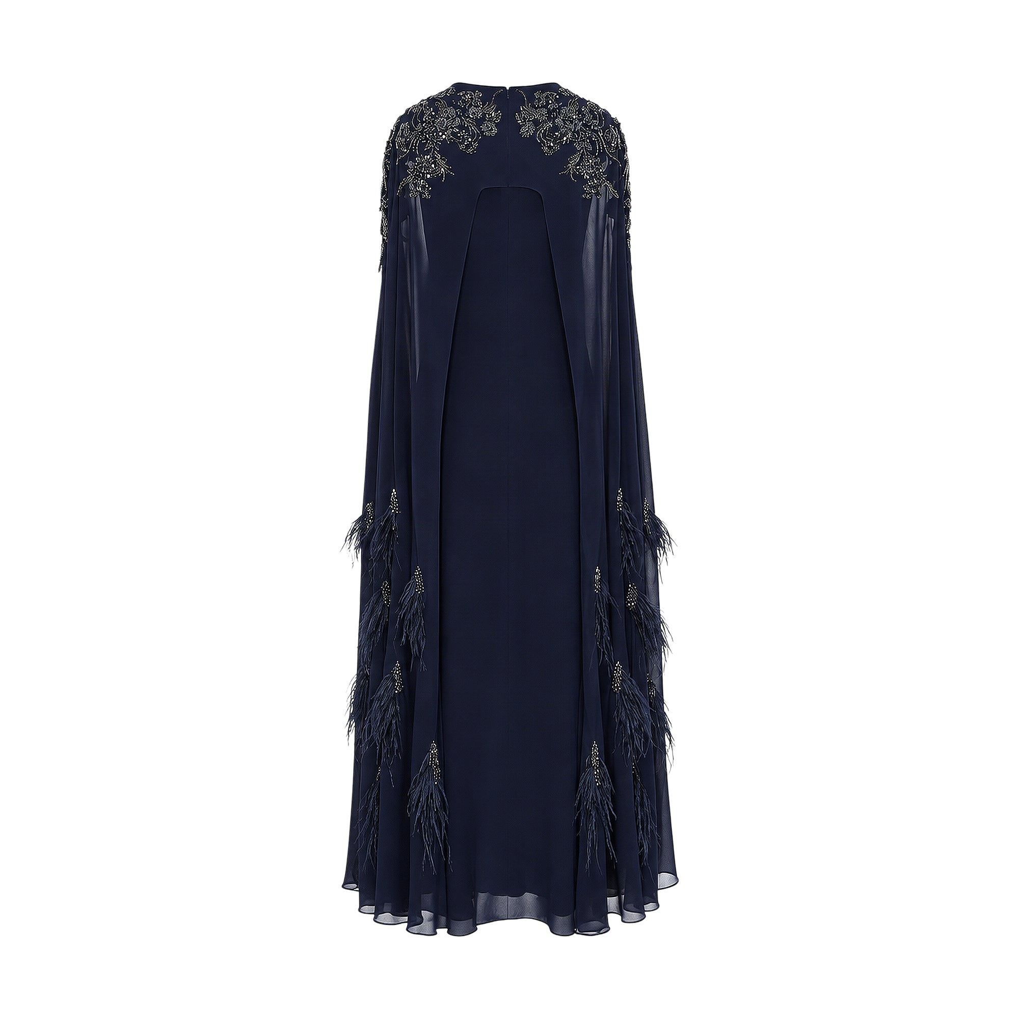 Navy blue kaftan with a flowing cape overlay. Intricate silver-toned beadwork on shoulders and feather details along the side