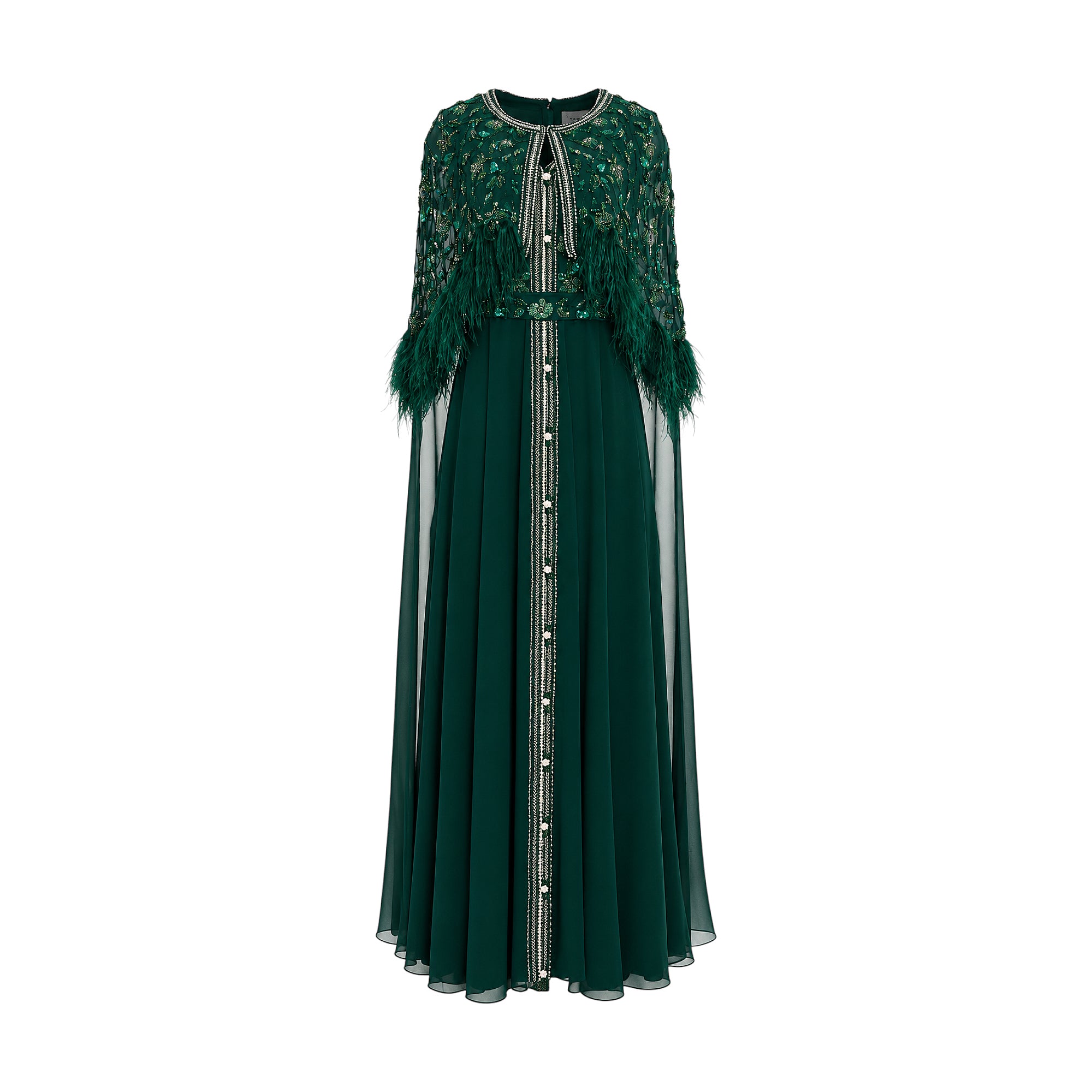 Emerald green full-length kaftan with an embellished bodice, sequin and feather details, and a front placket with pearl butto