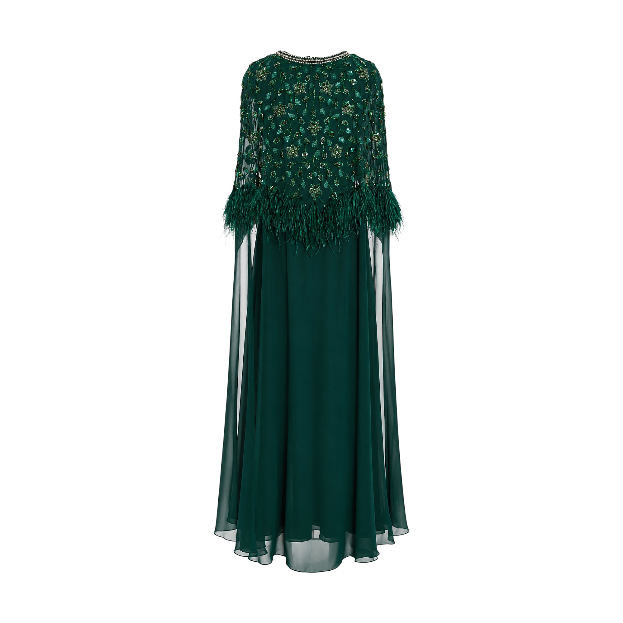 Emerald green kaftan with a sequined, gold-toned beaded, and feathered cape. Beaded round neckline, flowing chiffon skirt.