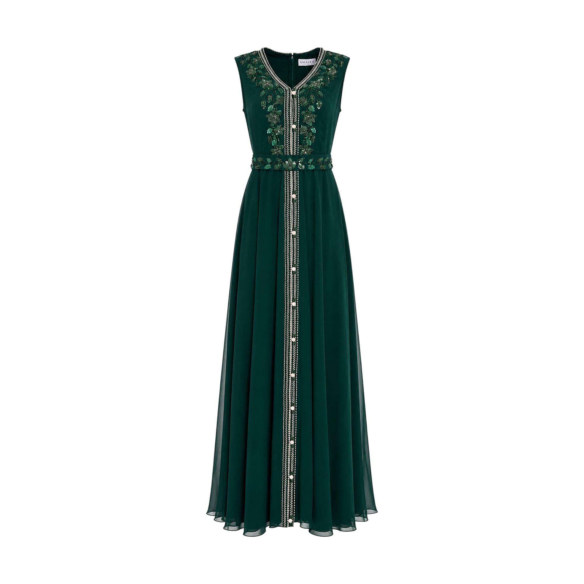 Emerald green sleeveless V-neck kaftan with green and gold-toned embroidered bodice and belt, and pearl-like beads down the f